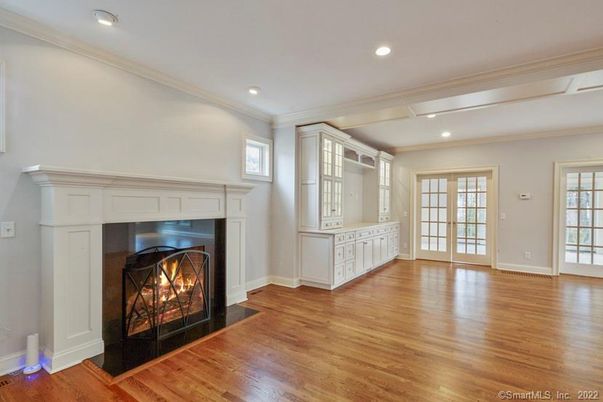 Empty room, Fireplace, Interior, Recessed Lighting, Wood Texture Flooring