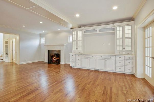 Empty room, Fireplace, Interior, Recessed Lighting, Wood Texture Flooring