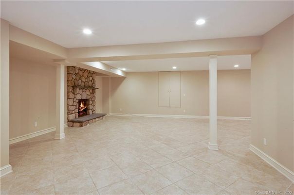 Empty room, Fireplace, Interior, Recessed Lighting, Stone Walls