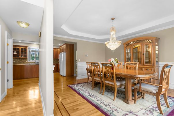 Chandelier, Dining room, Interior, Kitchen, Recessed Lighting, Stainless Steel Appliances, Wood Texture Flooring