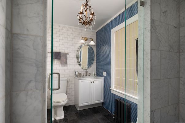Bathroom, Chandelier, Glass Shower, Interior, Marble Walls