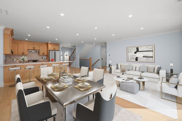 Dining room, Interior, Kitchen, Living room, Recessed Lighting, Stainless Steel Appliances, Wood Texture Flooring