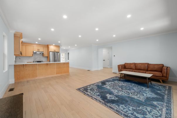 Interior, Kitchen, Living room, Recessed Lighting, Stainless Steel Appliances, Wood Texture Flooring