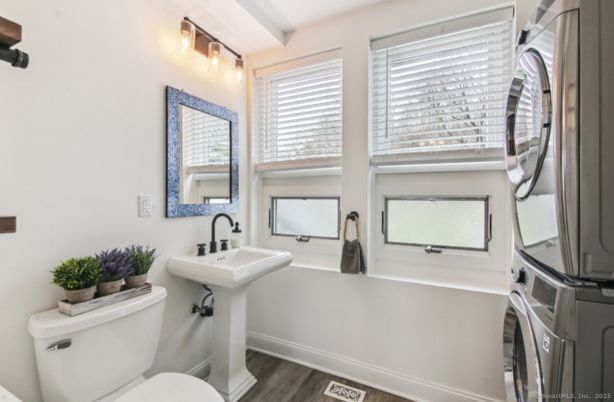 Bathroom, Interior, Washer, Wood Texture Flooring