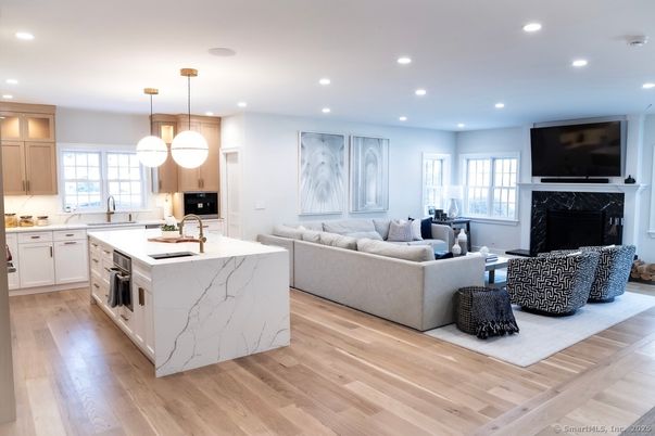 Fireplace, Interior, Kitchen, Living room, Pendant Lights, Recessed Lighting, Wood Texture Flooring