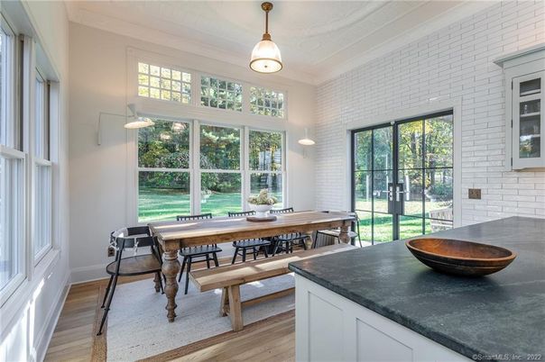 Dining room, Interior, Pendant Lights, Stone Walls, Wood Texture Flooring