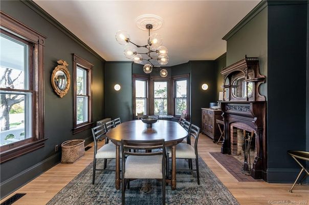 Dining room, Fireplace, Interior, Pendant Lights, Wood Texture Flooring