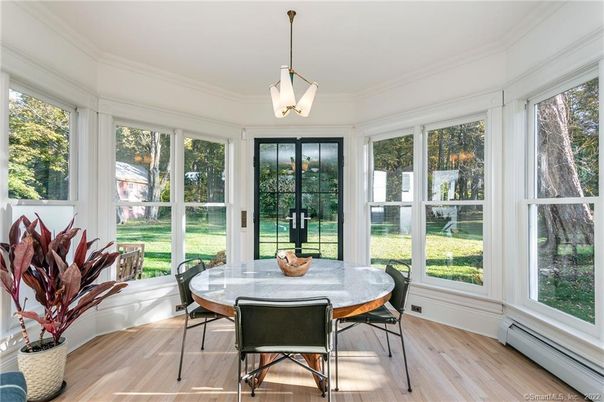 Dining room, Interior, Pendant Lights, Sun Room, Wood Texture Flooring