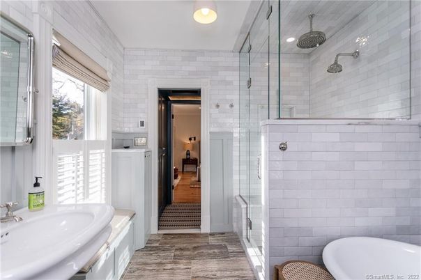 Bathroom, Glass Shower, Interior, Wood Texture Flooring