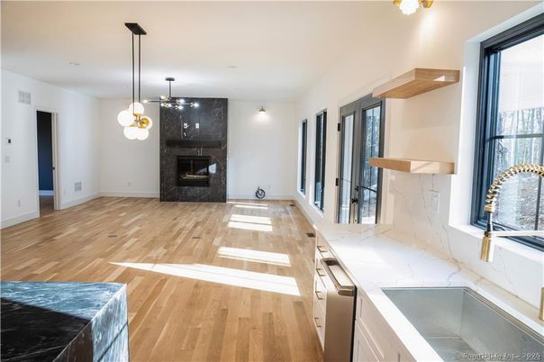 Fireplace, Interior, Kitchen, Pendant Lights, Wood Texture Flooring