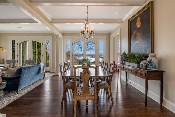 Chandelier, Dining room, Interior, Living room, Recessed Lighting, Wood Texture Flooring