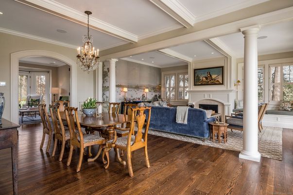 Chandelier, Dining room, Fireplace, Interior, Living room, Recessed Lighting, Wood Texture Flooring