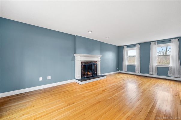Empty room, Fireplace, Interior, Recessed Lighting, Wood Texture Flooring