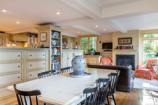 Dining room, Fireplace, Interior, Recessed Lighting, Wood Texture Flooring