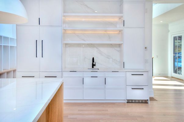 Interior, Kitchen, Marble Walls, Recessed Lighting, Wood Texture Flooring