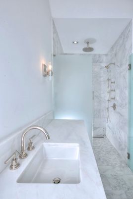 Bathroom, Glass Shower, Interior, Marble, Marble Walls, Recessed Lighting