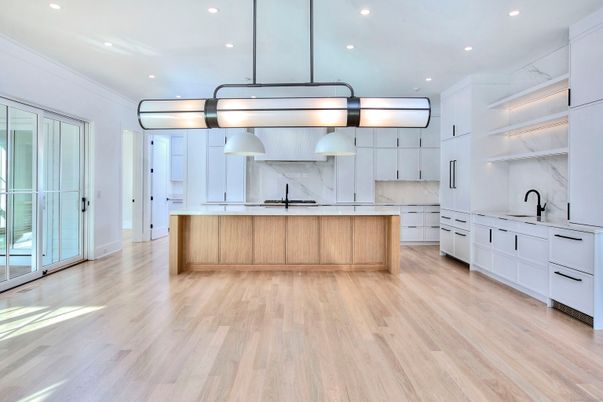 Interior, Kitchen, Marble Walls, Pendant Lights, Recessed Lighting, Wood Texture Flooring
