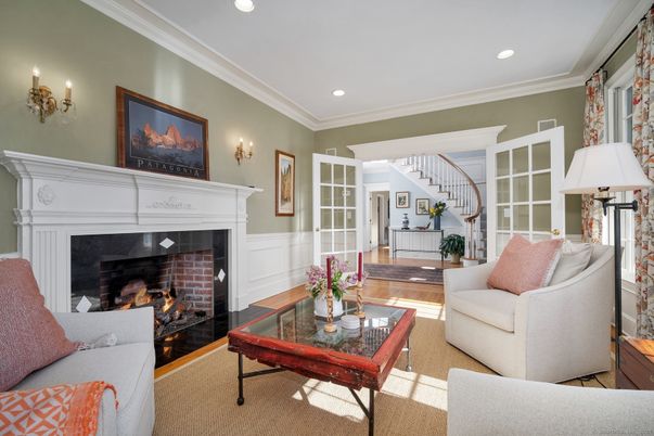 Fireplace, Interior, Living room, Recessed Lighting, Wood Texture Flooring