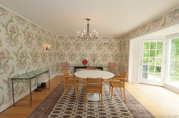 Chandelier, Dining room, Interior, Wood Texture Flooring