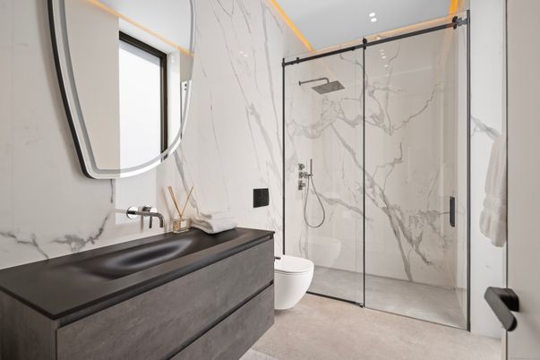 Bathroom, Glass Shower, Interior, Marble Walls, Recessed Lighting