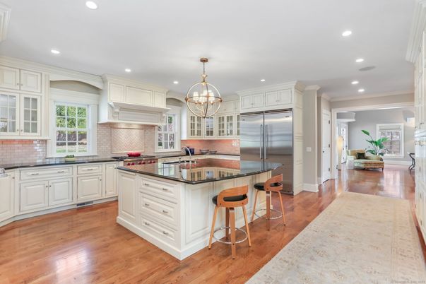 Chandelier, Interior, Kitchen, Recessed Lighting, Stainless Steel Appliances, Wood Texture Flooring