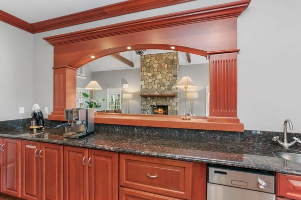 Fireplace, Interior, Kitchen, Recessed Lighting, Stone Walls