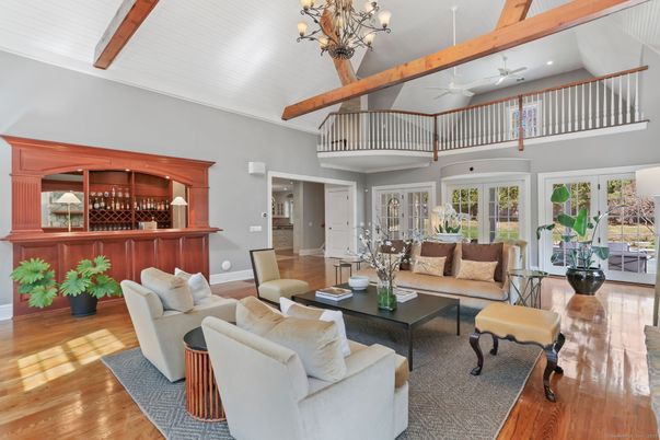 Chandelier, Interior, Living room, Recessed Lighting, Wooden Beams, Wood Texture Flooring