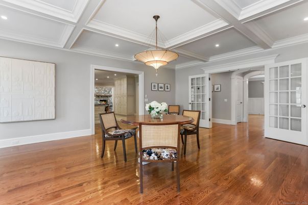 Dining room, Interior, Pendant Lights, Recessed Lighting, Wood Texture Flooring