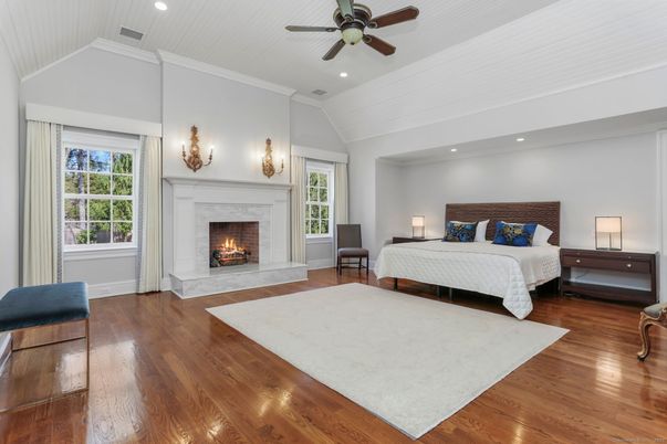 Bedroom, Fireplace, Interior, Recessed Lighting, Wood Texture Flooring