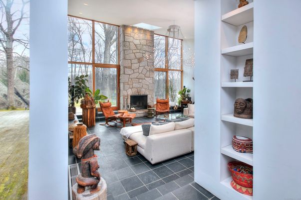 Fireplace, Interior, Living room, Recessed Lighting, Stone Walls
