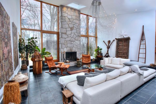 Fireplace, Interior, Living room, Recessed Lighting, Stone Walls