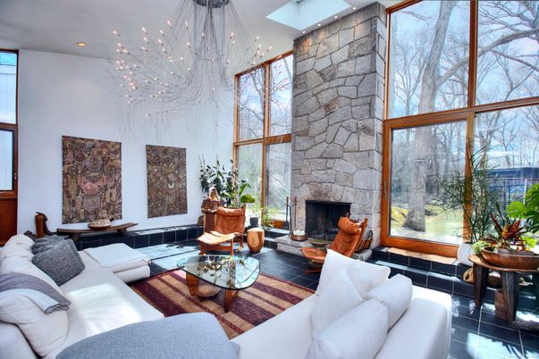 Fireplace, Interior, Living room, Pendant Lights, Recessed Lighting, Stone Walls