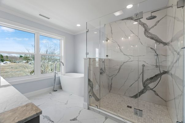 Bathroom, Free Standing Baths, Glass Shower, Interior, Marble, Marble Walls, Recessed Lighting