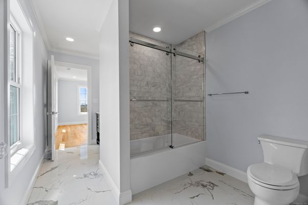 Bathroom, Glass Shower, Interior, Marble, Marble Walls, Recessed Lighting