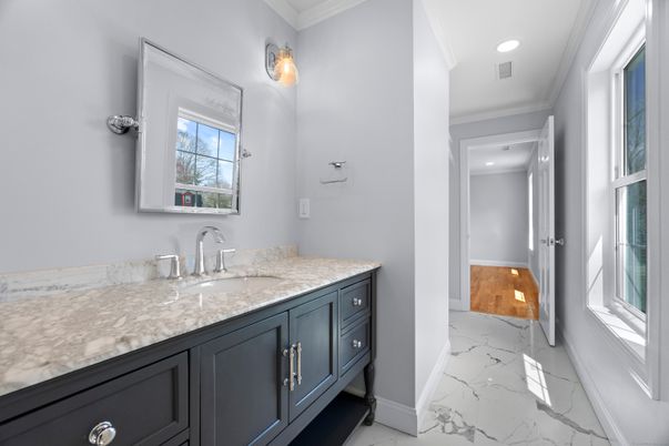 Bathroom, Dual Sink Vanities, Interior, Marble, Recessed Lighting