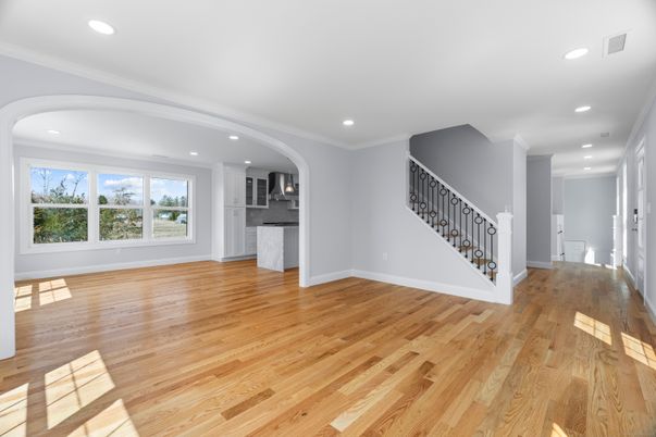 Empty room, Interior, Kitchen, Recessed Lighting, Wood Texture Flooring