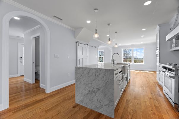 Interior, Kitchen, Pendant Lights, Recessed Lighting, Stainless Steel Appliances, Wood Texture Flooring