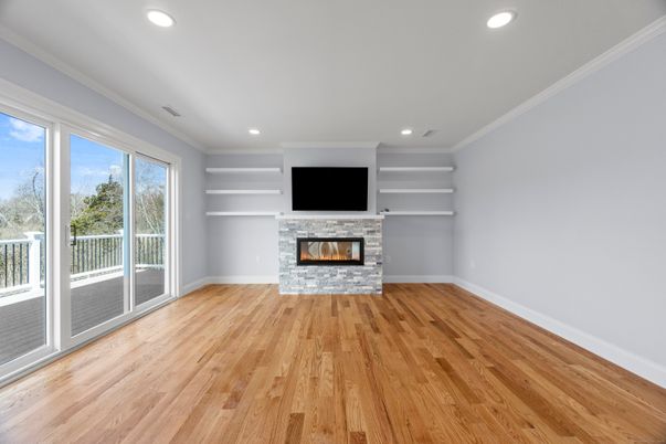 Empty room, Fireplace, Interior, Recessed Lighting, Wood Texture Flooring