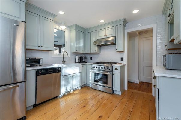 Interior, Kitchen, Recessed Lighting, Stainless Steel Appliances, Wood Texture Flooring