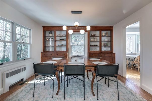 Dining room, Interior, Pendant Lights, Wood Texture Flooring