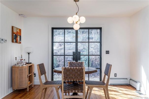 Dining room, Interior, Pendant Lights, Wood Texture Flooring