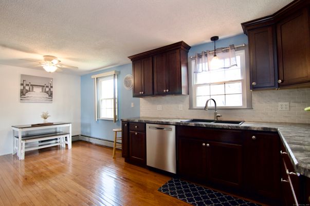 Dining room, Interior, Kitchen, Pendant Lights, Wood Texture Flooring