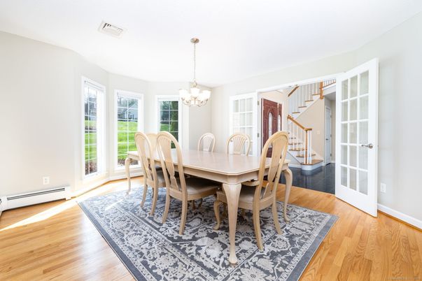 Chandelier, Dining room, Interior, Wood Texture Flooring
