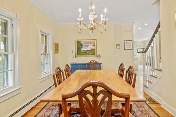 Chandelier, Dining room, Interior, Recessed Lighting, Wood Texture Flooring