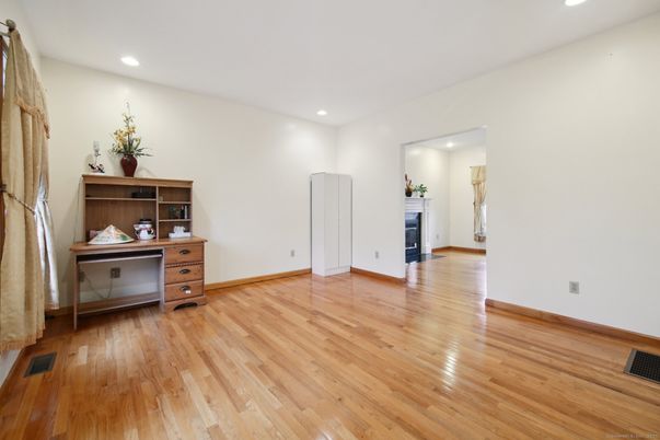 Empty room, Fireplace, Interior, Recessed Lighting, Wood Texture Flooring