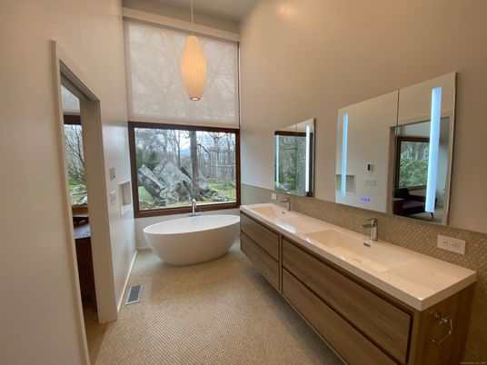 Bathroom, Dual Sink Vanities, Free Standing Baths, Interior, Pendant Lights