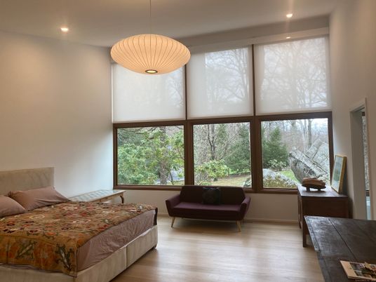 Bedroom, Interior, Pendant Lights, Recessed Lighting, Wood Texture Flooring