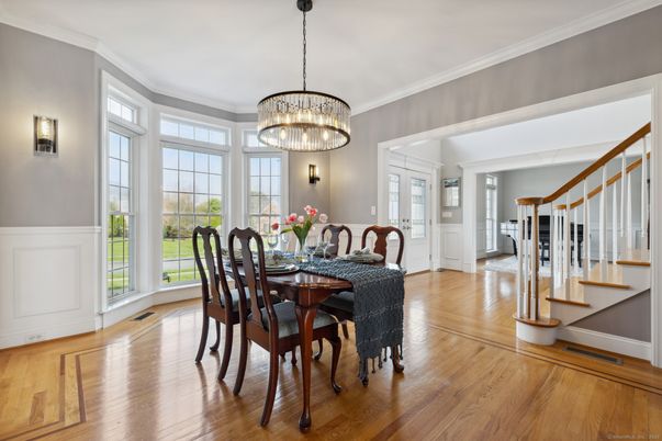 Chandelier, Dining room, Interior, Wood Texture Flooring