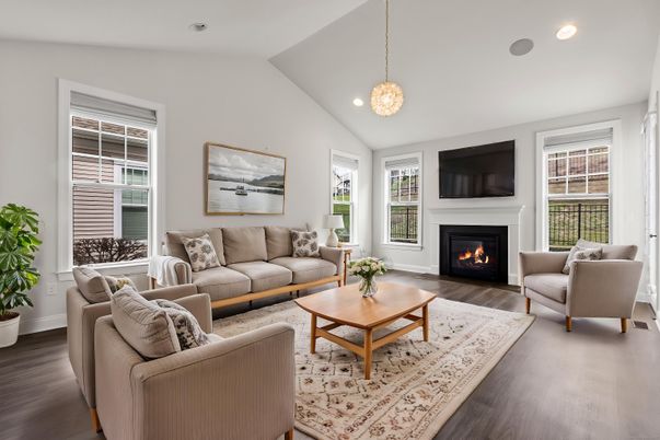 Fireplace, Interior, Living room, Pendant Lights, Recessed Lighting, Wood Texture Flooring