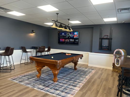 Billiard Table, Game Room, Interior, Pendant Lights, Recessed Lighting, Wood Texture Flooring
